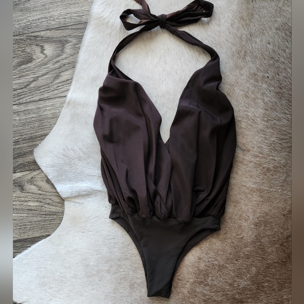 Alice + Olivia Dark Brown Halter Plunge Bodysuit